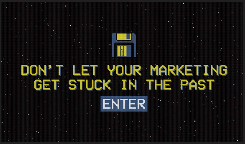 Graphic reading "Don't Let Your Marketing Get Stuck In The Past" with a floppy disc